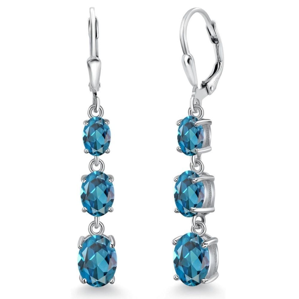 925 Sterling Silver with 6.20 Cttw 3 Stone London Blue Topaz Leverback Earrings